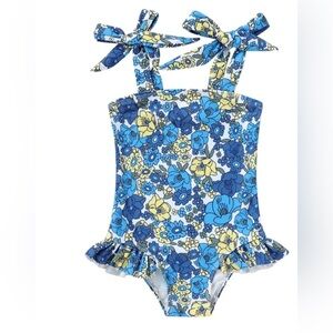 Floral Blue and Yellow Kids One-Piece Swimsuit Blue Floral Tie Strap Skirt 9-12M